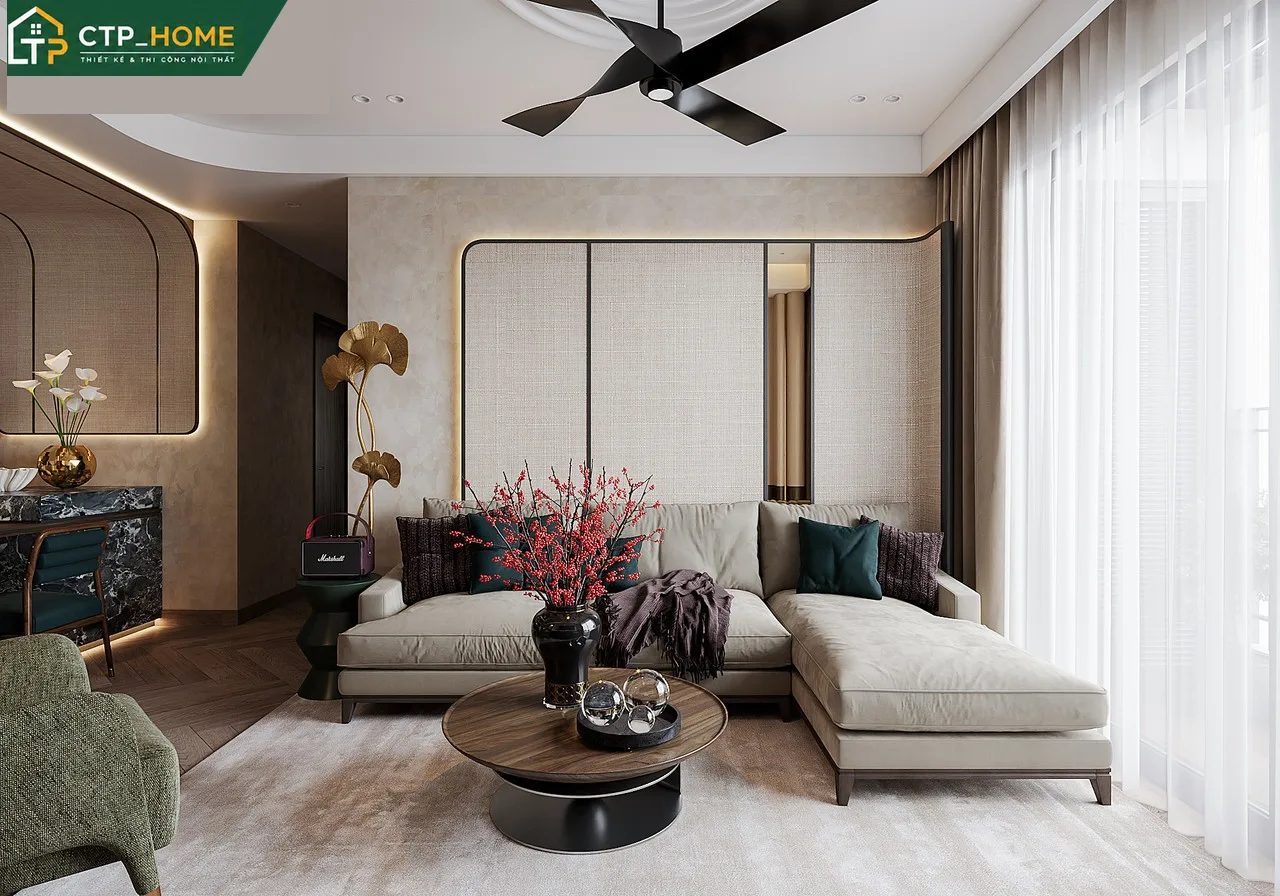 Thiết kế nội thất phòng khách chung cư Celesta Rise 79m2 với tone xám – be tinh tế và sofa góc bọc da cao cấp