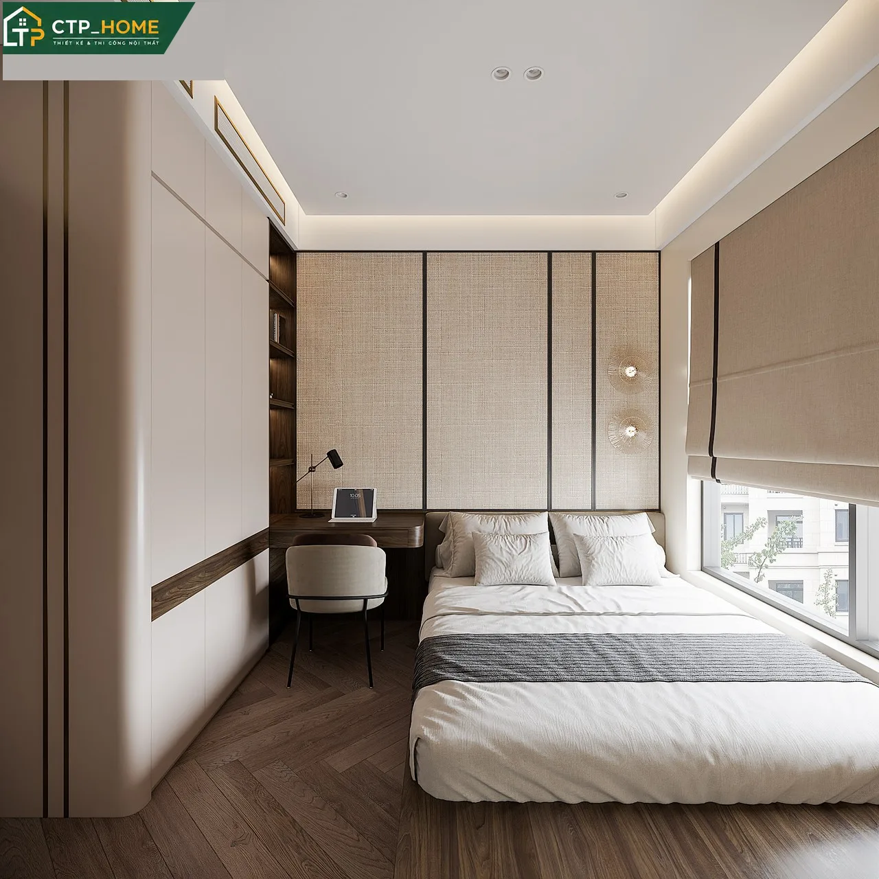 Phòng ngủ chính chung cư Celesta Rise 79m2 với giường gỗ tự nhiên, đầu giường bọc nỉ và hệ tủ áo cánh lùa tối ưu diện tích