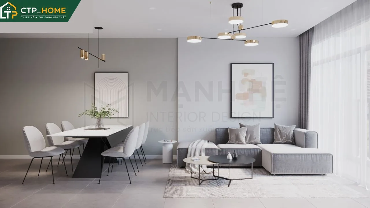 Phối cảnh phòng khách chung cư Carillon Tân Phú 105m2 với sofa góc cao cấp và hệ tủ kệ gỗ sồi tự nhiên