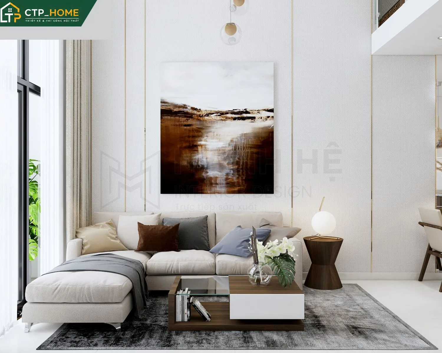 Phối cảnh phòng khách chung cư Emerald Celadon 130m2 thiết kế hiện đại bởi CTP_HOME