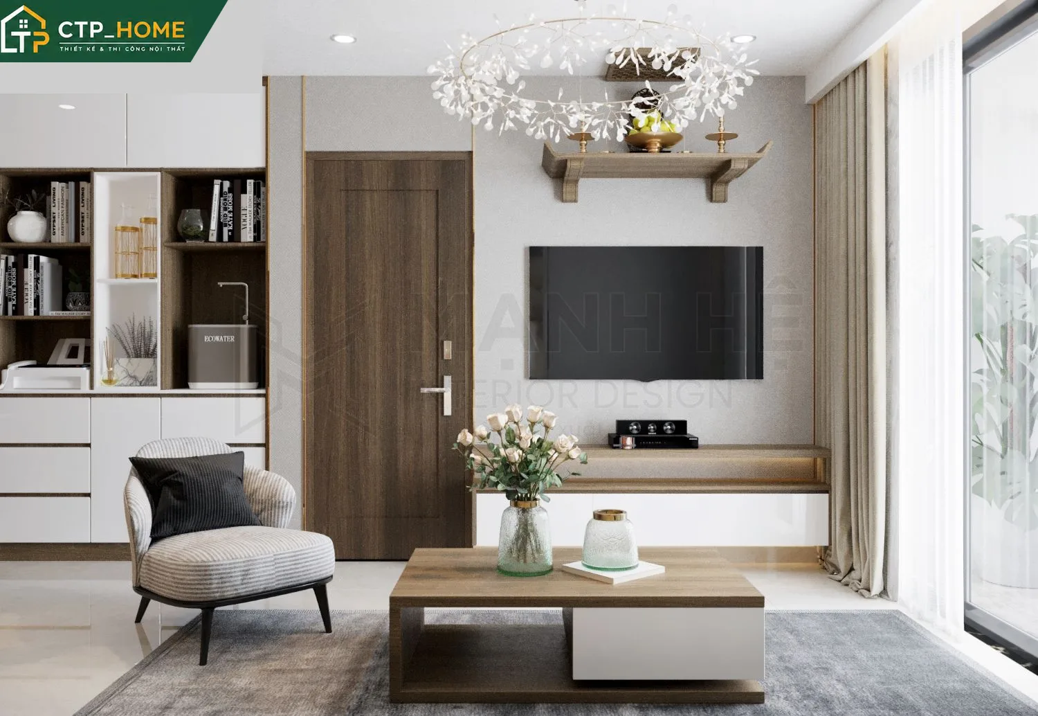 Thiết kế nội thất phòng khách chung cư Centrosa Hà Đô 84m2 cho chị Phương với sofa góc cao cấp và kệ tivi gỗ óc chó