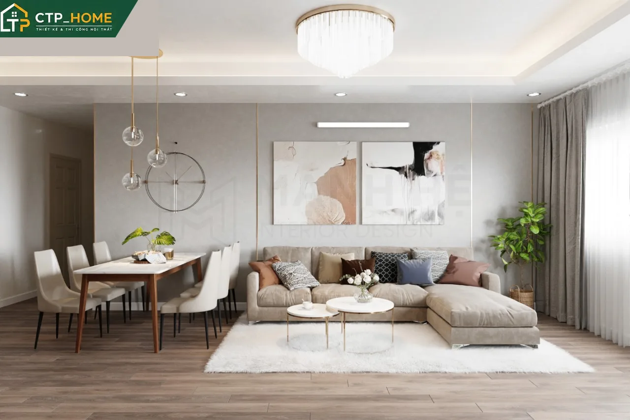 Phối cảnh phòng khách chung cư Đức Khải 95m2 với sofa góc cao cấp và kệ tivi gỗ sồi tự nhiên