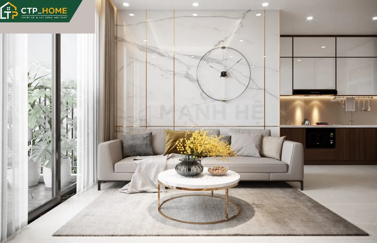 Góc phòng khách chung cư Eco Green Quận 7 với sofa chữ L bọc da cao cấp và kệ tivi gỗ Acrylic bóng mờ