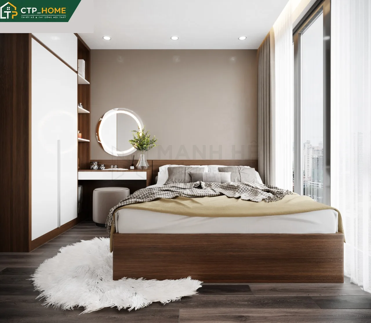 Phòng ngủ chính chung cư Eco Green với giường gỗ óc chó, đầu giường bọc da và hệ tủ âm tường tích hợp đèn LED