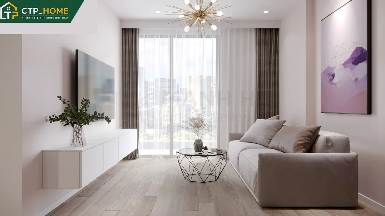 Thiết kế nội thất phòng khách chung cư Hado Centrosa 78m2 hiện đại với sofa góc cao cấp và kệ tivi gỗ óc chó