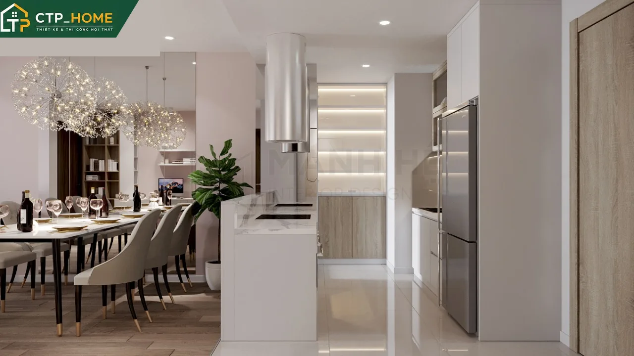 Thiết kế nội thất phòng bếp chung cư Hado Centrosa 78m2 với tủ bếp hiện đại và hệ thống đèn LED chiếu sáng thông minh