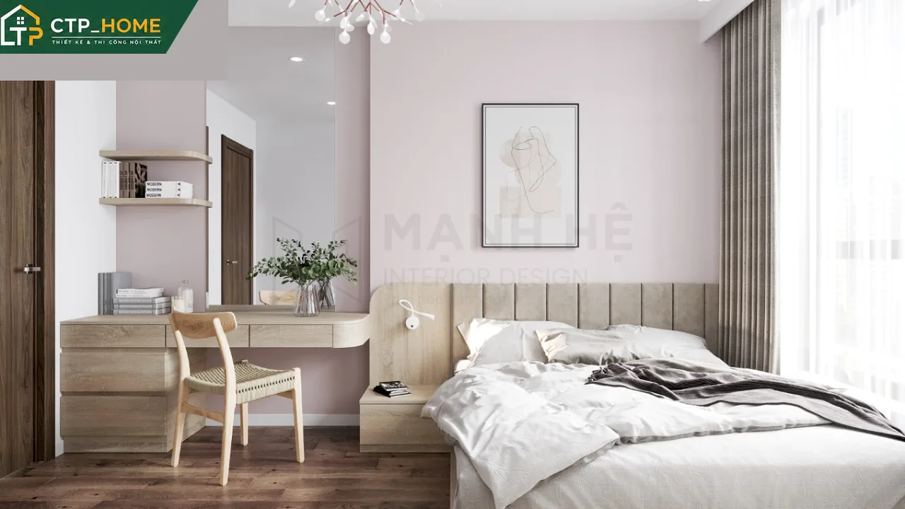 Thiết kế nội thất phòng ngủ chính chung cư Hado Centrosa 78m2 với đầu giường bọc da và tủ áo âm tường tối giản
