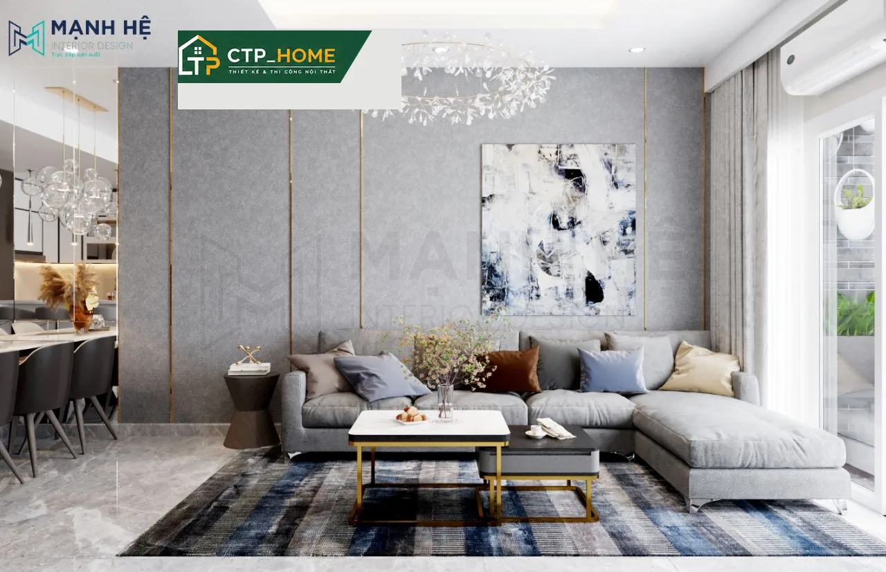 Thiết kế nội thất phòng khách chung cư The Navita 110m2 với sofa góc cao cấp và kệ tivi gỗ óc chó tự nhiên