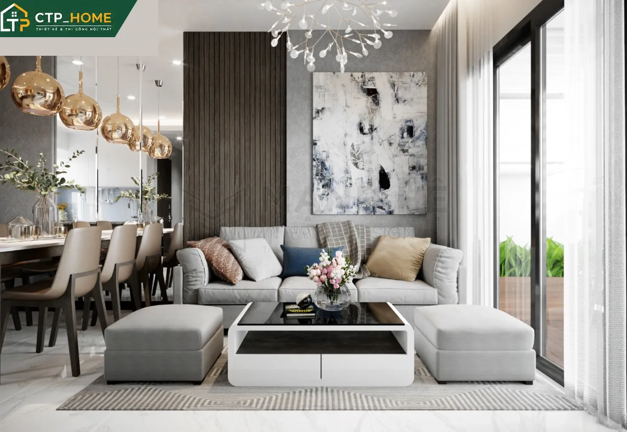 Thiết kế nội thất phòng khách chung cư Resgreen Tower 82m2 hiện đại với sofa góc và kệ tivi gỗ óc chó