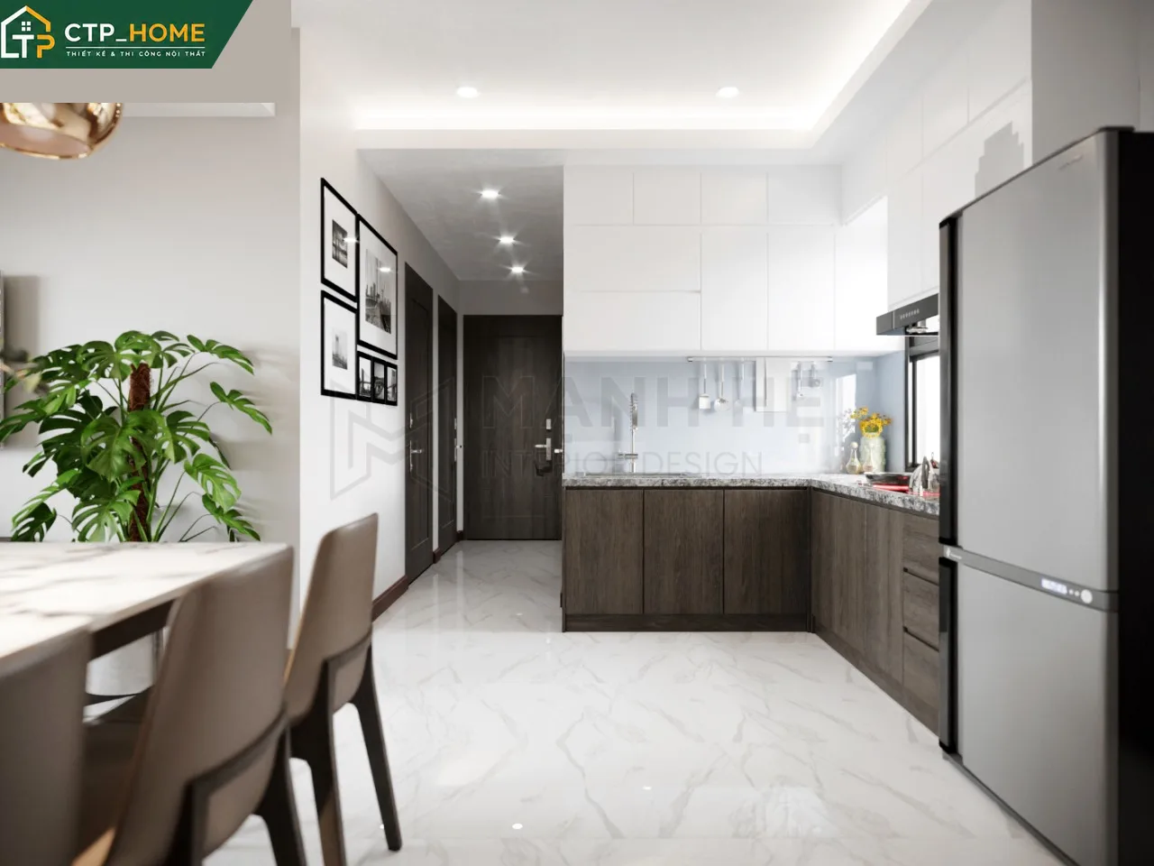 Bố trí nội thất phòng bếp và bàn ăn chung cư Resgreen Tower 82m2 với thiết kế chữ L và đảo bếp nhỏ