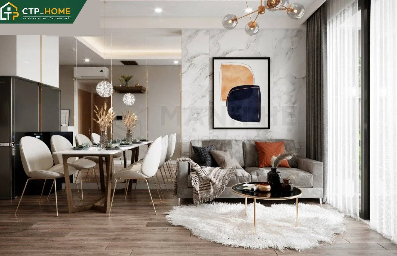 Phòng khách chung cư Richstar 65m2 Tân Phú thiết kế hiện đại với tone xám - be chủ đạo
