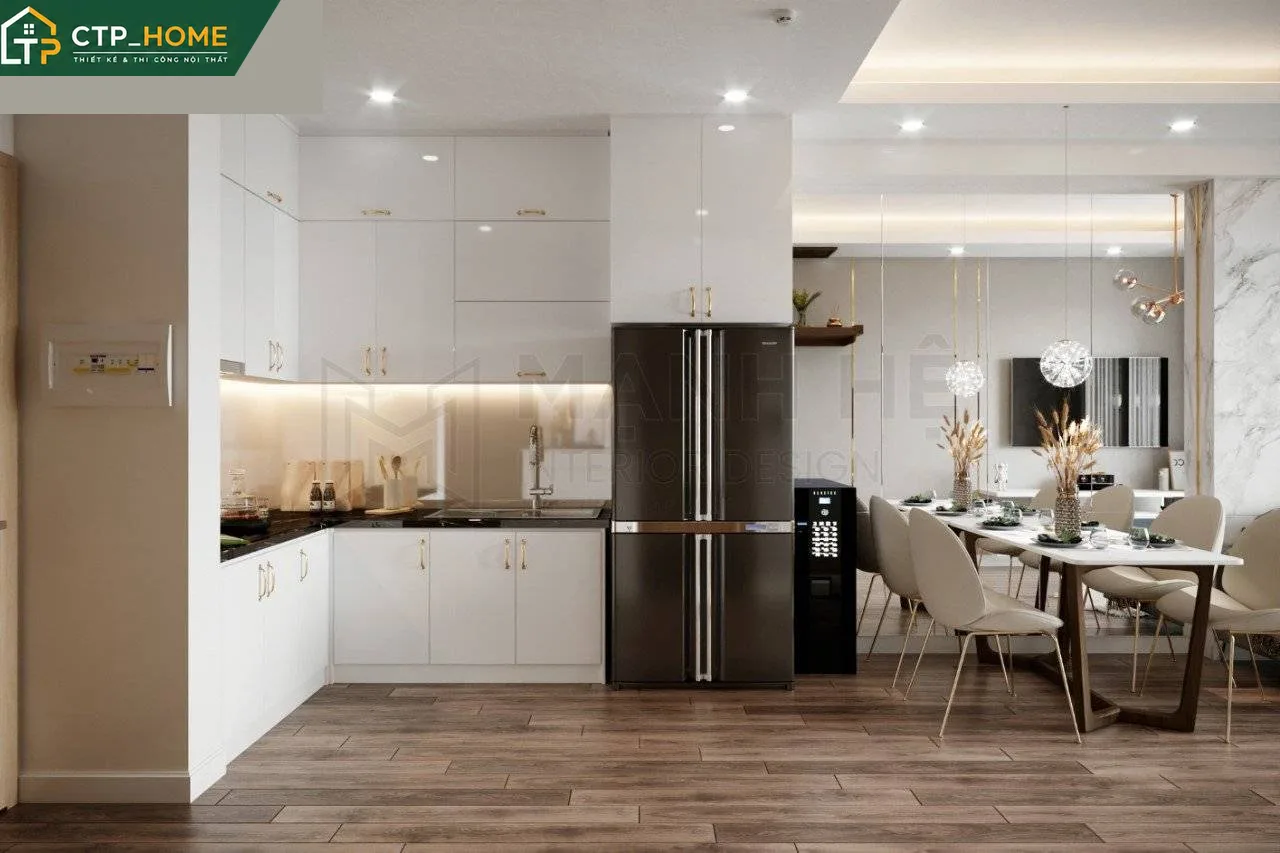 Bếp chung cư Richstar 65m2 Tân Phú thiết kế chữ L với hệ tủ trên – dưới cân đối
