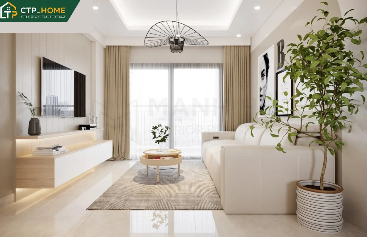 Phòng khách chung cư Richstar 73m2 thiết kế mở với sofa góc và kệ tivi gỗ sồi tự nhiên