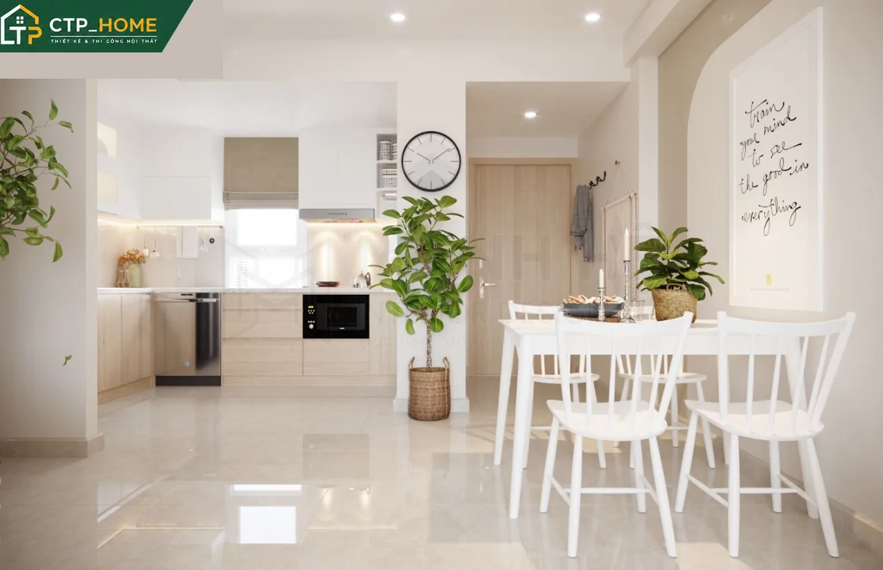 Phòng bếp chung cư Richstar 73m2 với tủ bếp gỗ veneer sồi và mặt đá nhân tạo bền đẹp