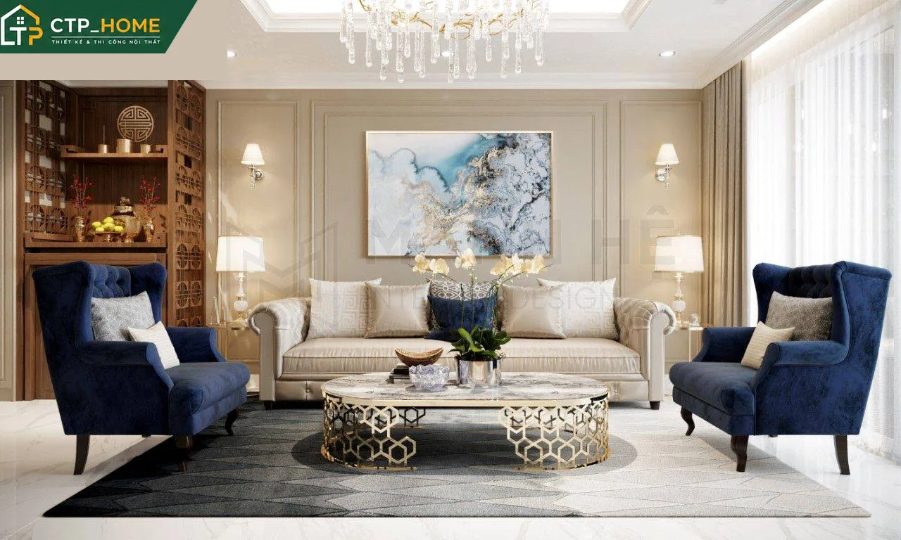 Phối cảnh phòng khách chung cư Riverside Residence 135m2 thiết kế bởi CTP_HOME