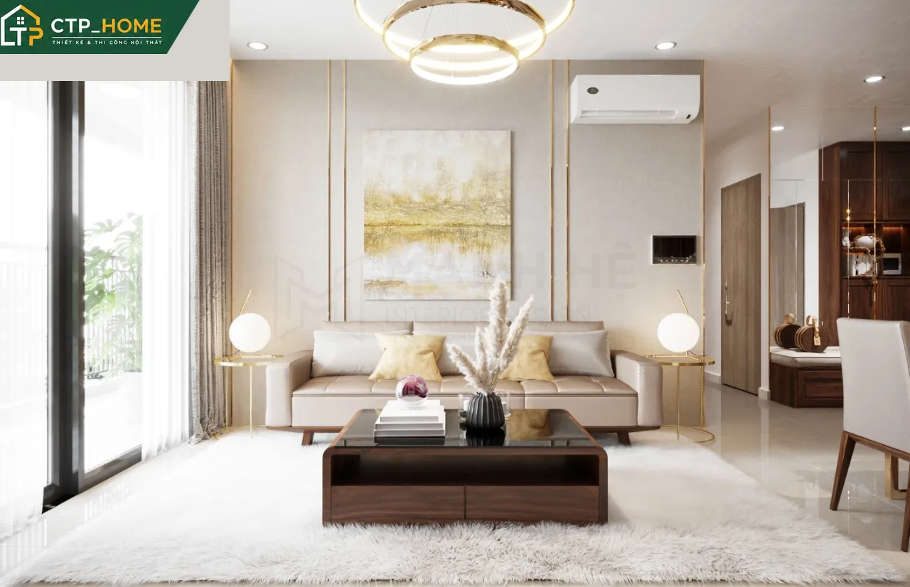 Góc phòng khách chung cư Sora Garden 2 – 79m2 với sofa góc gỗ óc chó và kệ tivi âm tường