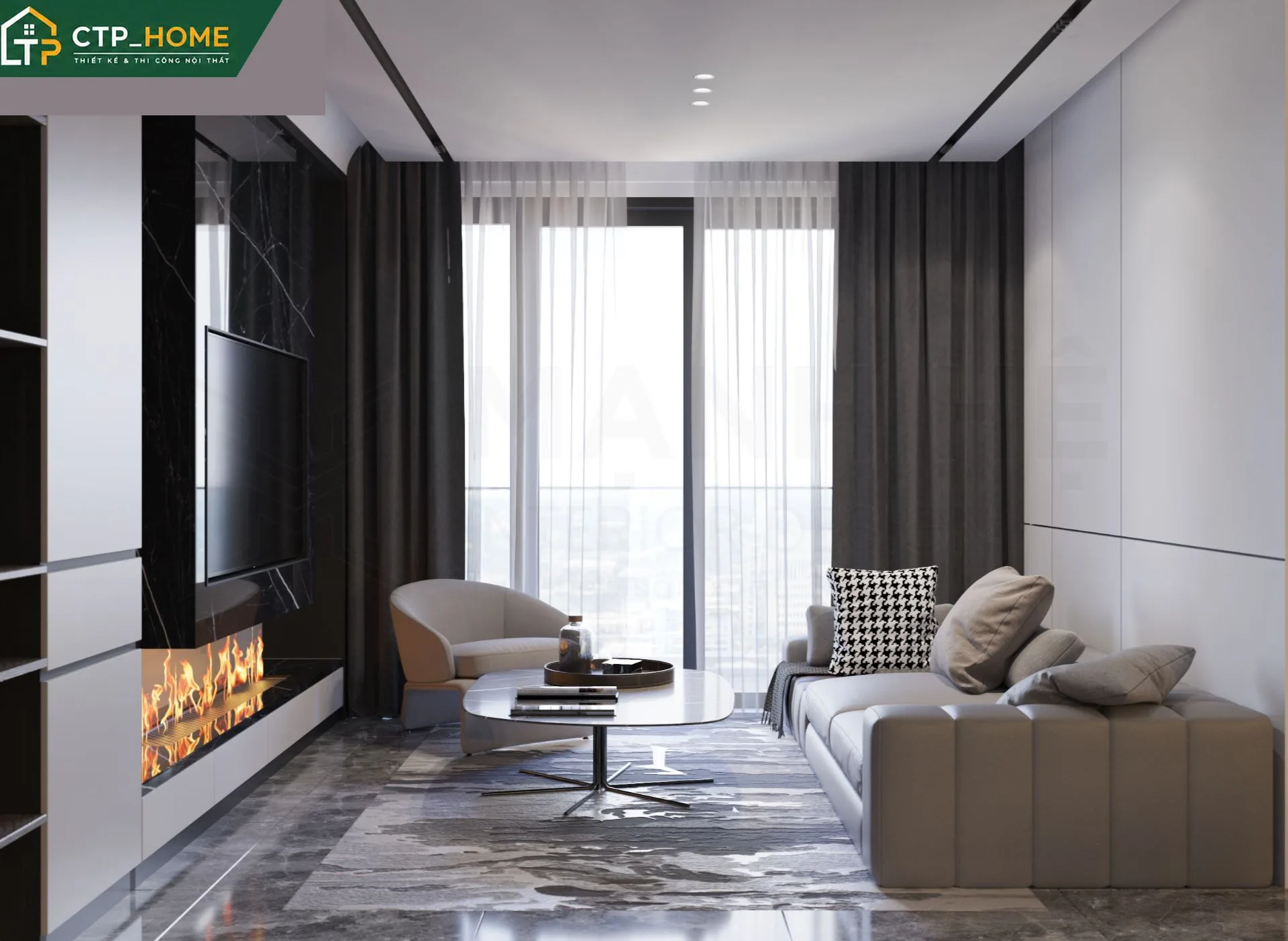 Phòng khách chung cư Diamond Alnata 110m2 thiết kế mở với sofa góc cao cấp và kệ tivi gỗ óc chó nhập khẩu