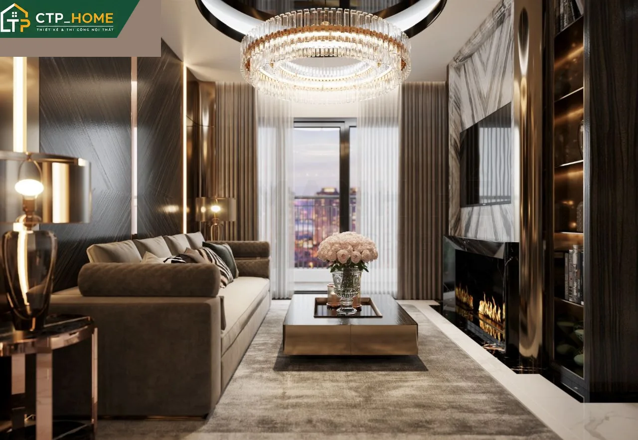 Phối cảnh phòng khách chung cư Diamond Alnata 117m2 với sofa góc cao cấp và kệ tivi gỗ óc chó tự nhiên