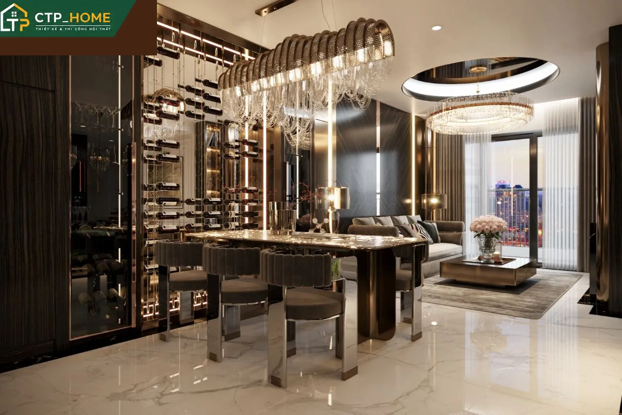 Góc bếp hiện đại chung cư Diamond Alnata 117m2 với tủ bếp Acrylic bóng gương và mặt đá Solid Surface