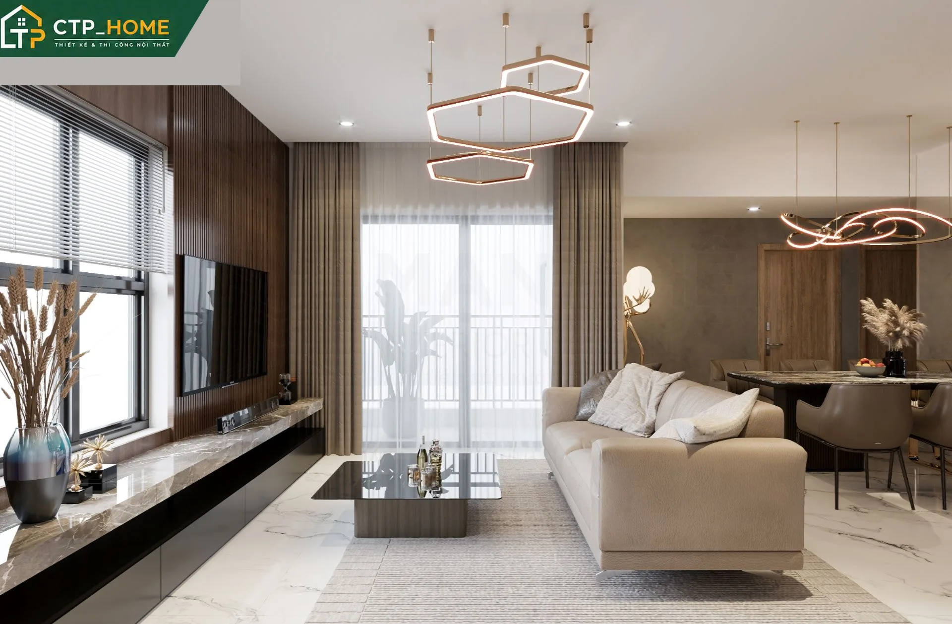 Thiết kế nội thất phòng khách chung cư Diamond Alnata 96m2 hiện đại với sofa góc, kệ tivi gỗ sồi và đèn trần thả nghệ thuật