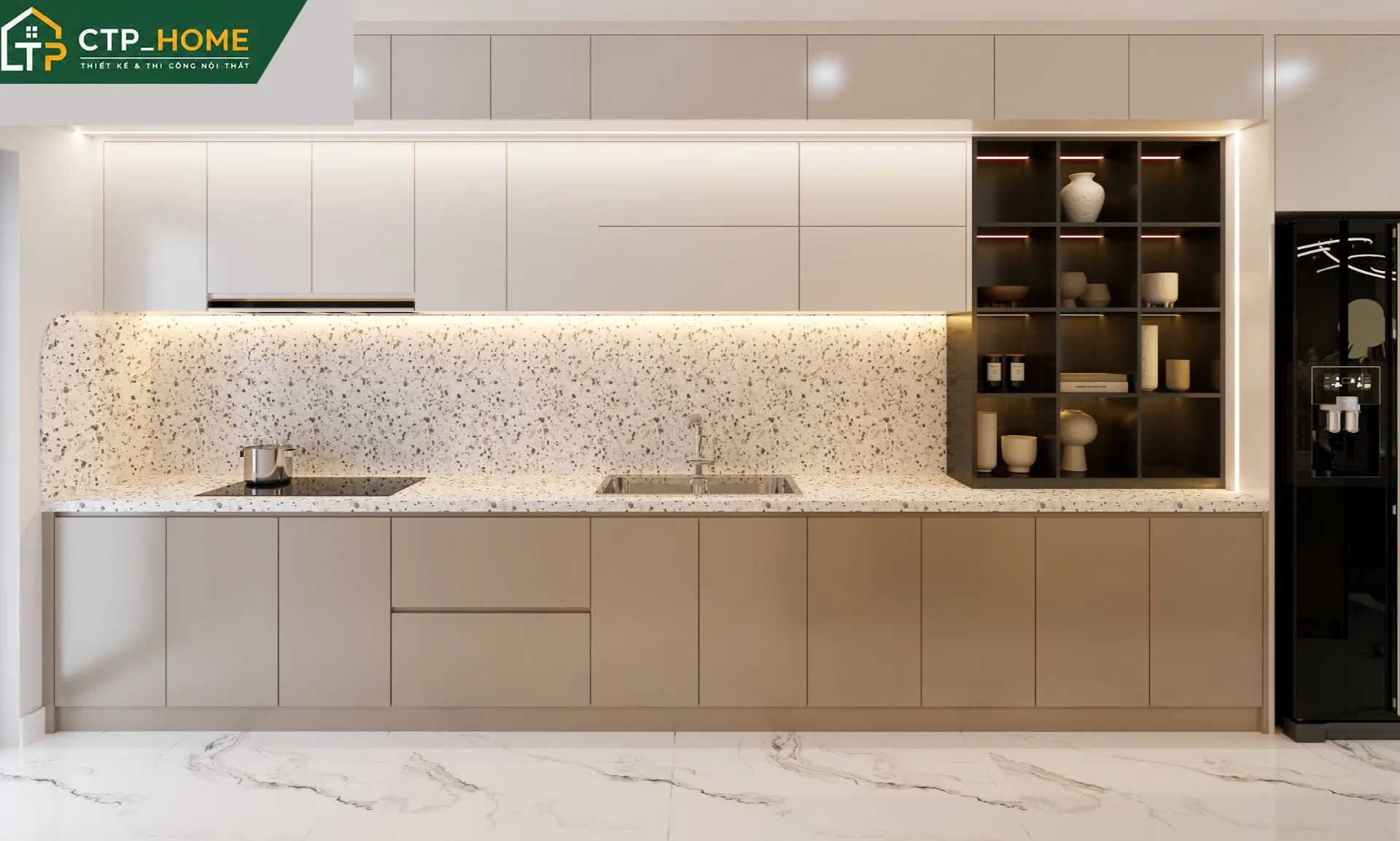 Thiết kế nội thất phòng bếp chung cư Diamond Alnata 96m2 với đảo nấu, tủ trên dưới và hệ thống đèn LED chiếu sáng chuyên dụng