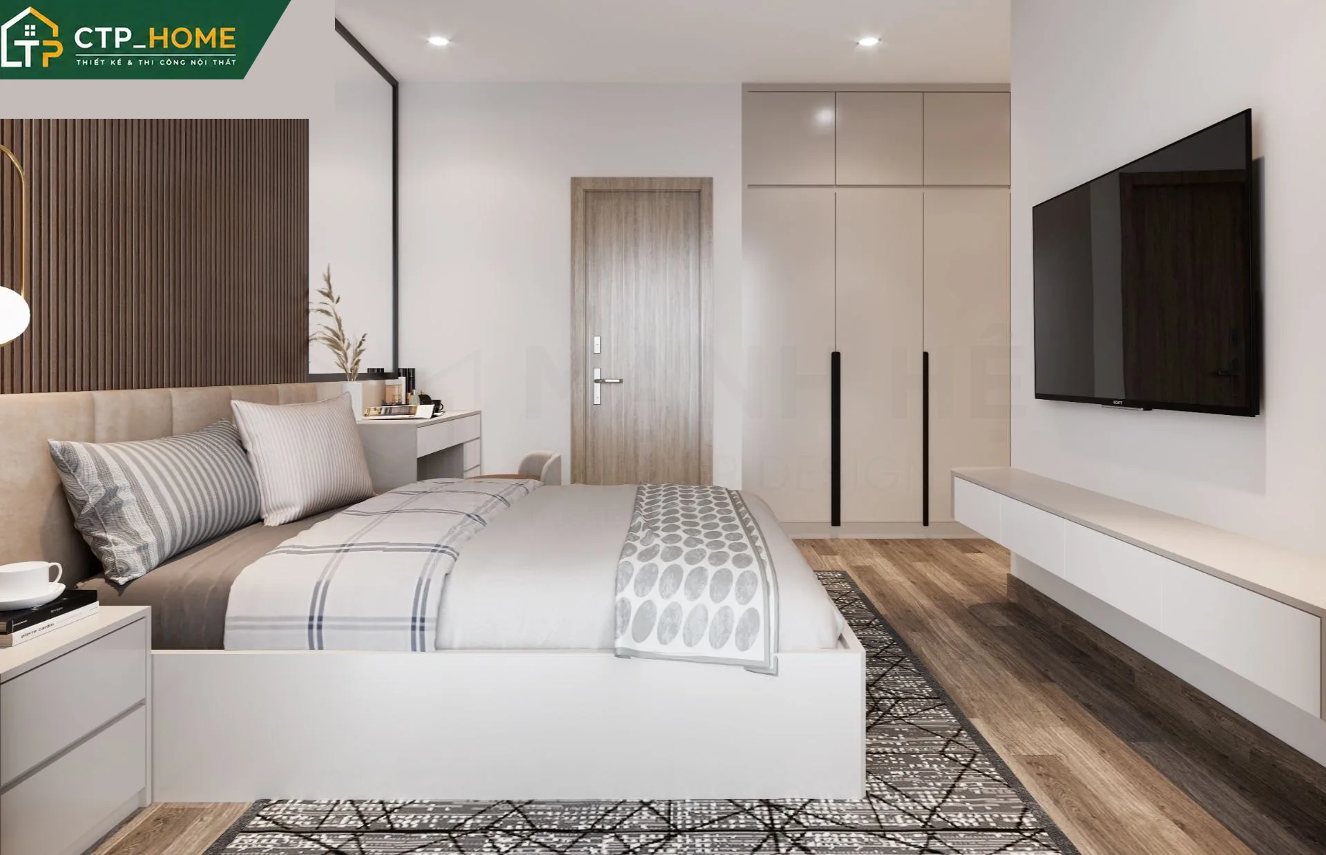 Thiết kế nội thất phòng ngủ master chung cư Diamond Alnata 96m2 với giường gỗ óc chó, tủ quần áo kịch trần và đèn ngủ thả nghệ thuật