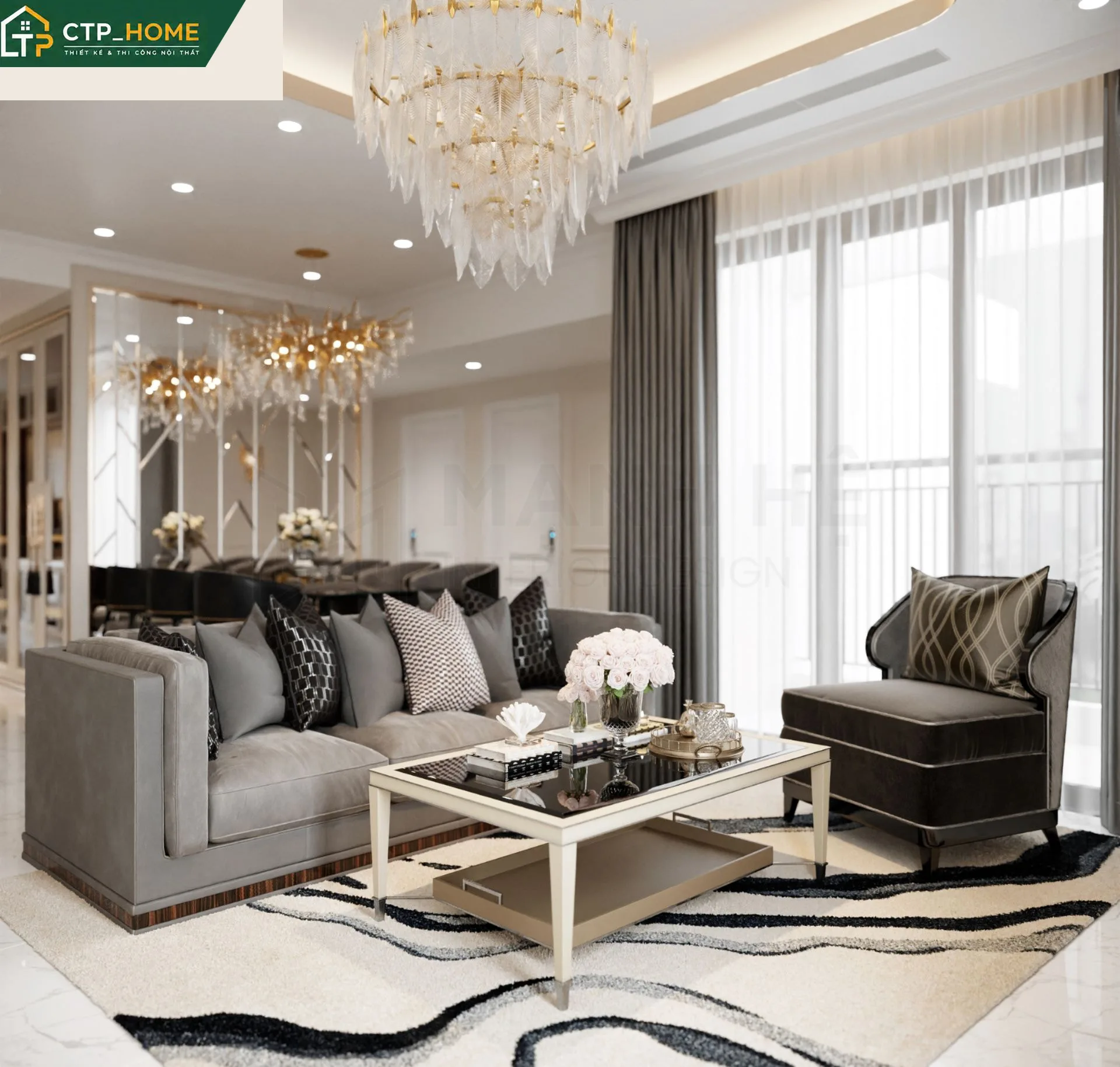 Thiết kế nội thất phòng khách chung cư Diamond Alnata 97m2 hiện đại tại Tân Phú