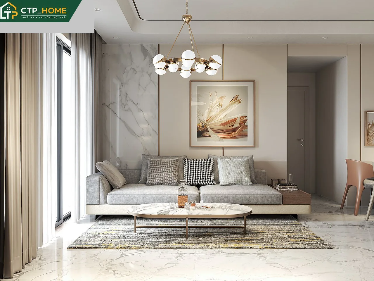 Phối cảnh phòng khách chung cư Diamond Centery 97m2 thiết kế hiện đại bởi CTP_HOME