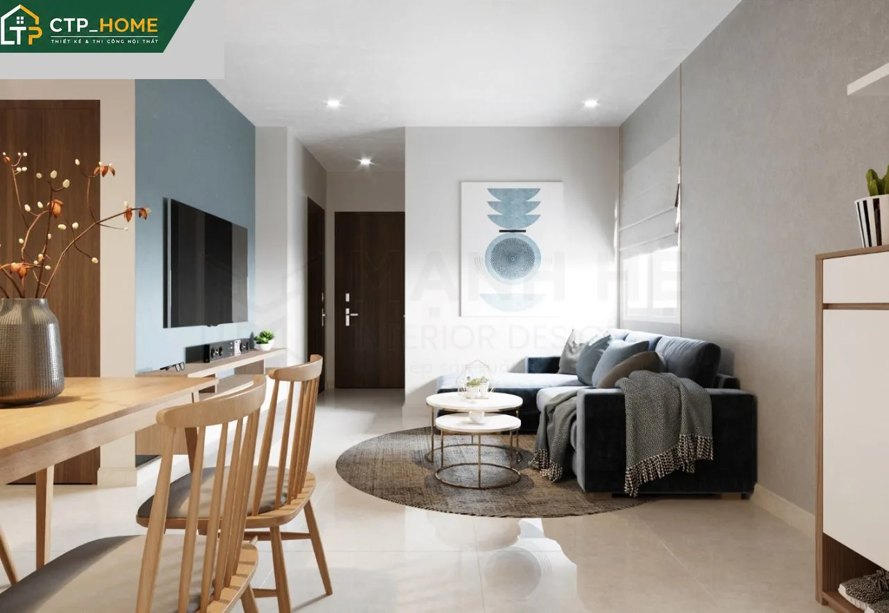 Phối cảnh phòng khách chung cư Dream Home Palace 66m2 với sofa góc gỗ óc chó và kệ tivi âm tường hiện đại