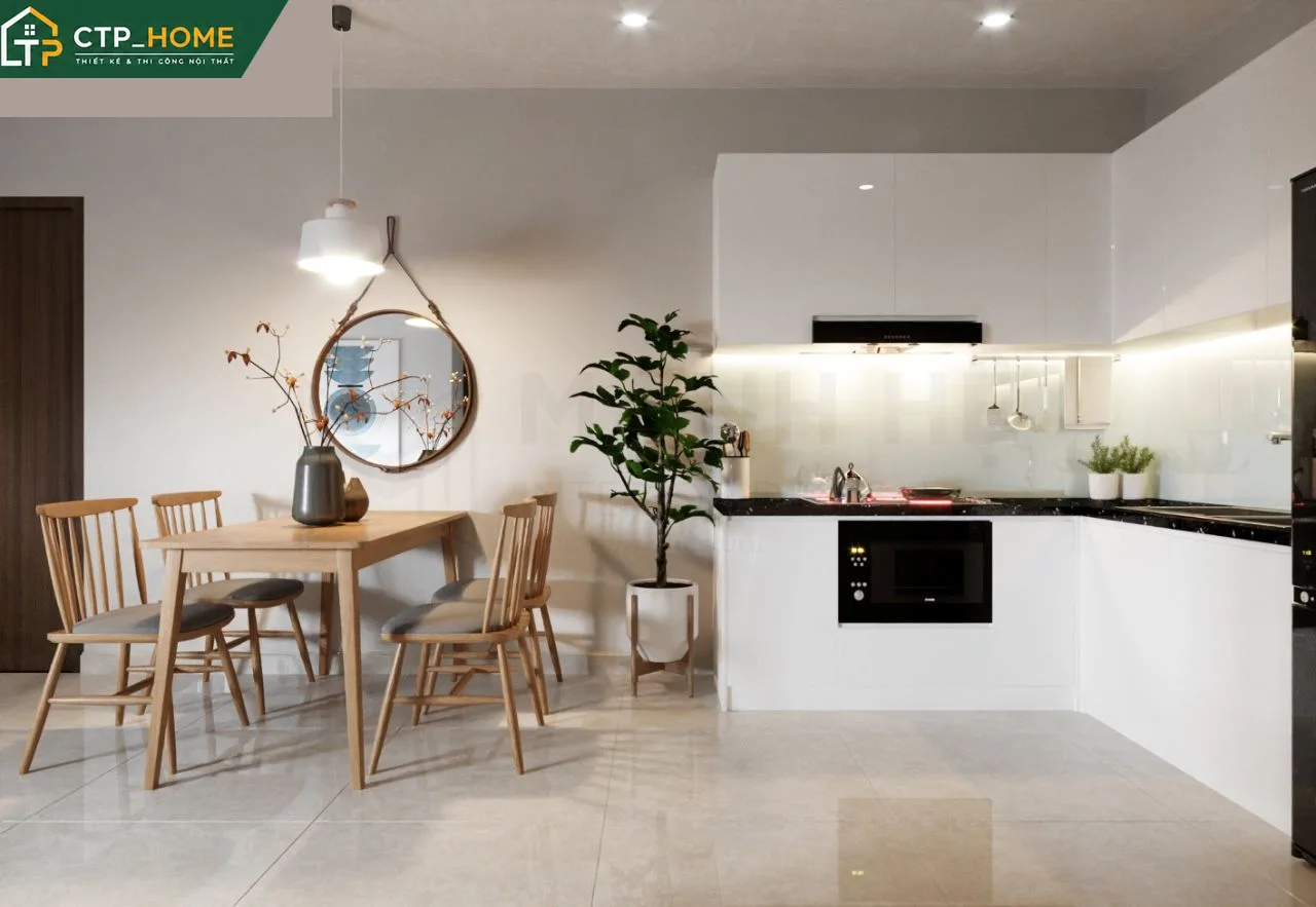 Góc bếp hiện đại chung cư Dream Home Palace 66m2 với tủ bếp gỗ óc chó và mặt đá nhân tạo cao cấp
