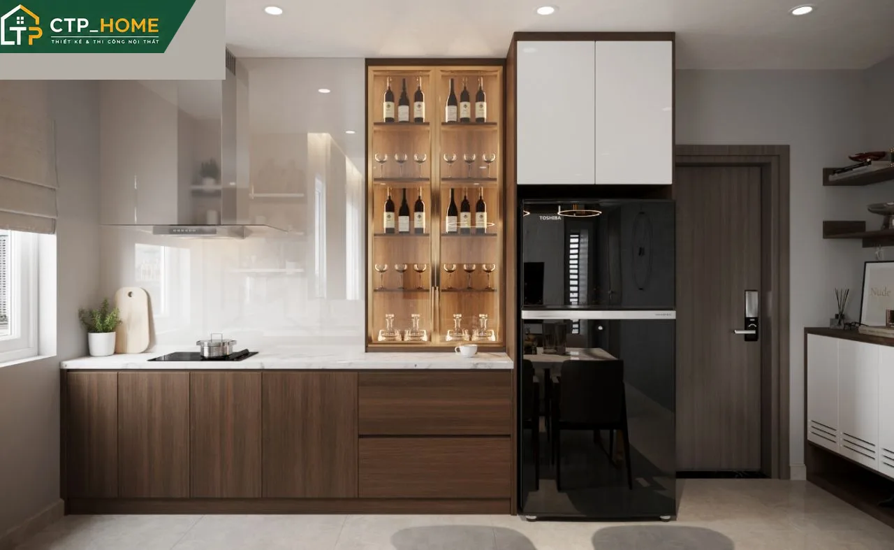 Bố trí nội thất phòng bếp và bàn ăn chung cư Emerald Bình Dương 75m2 hiện đại, tiện nghi