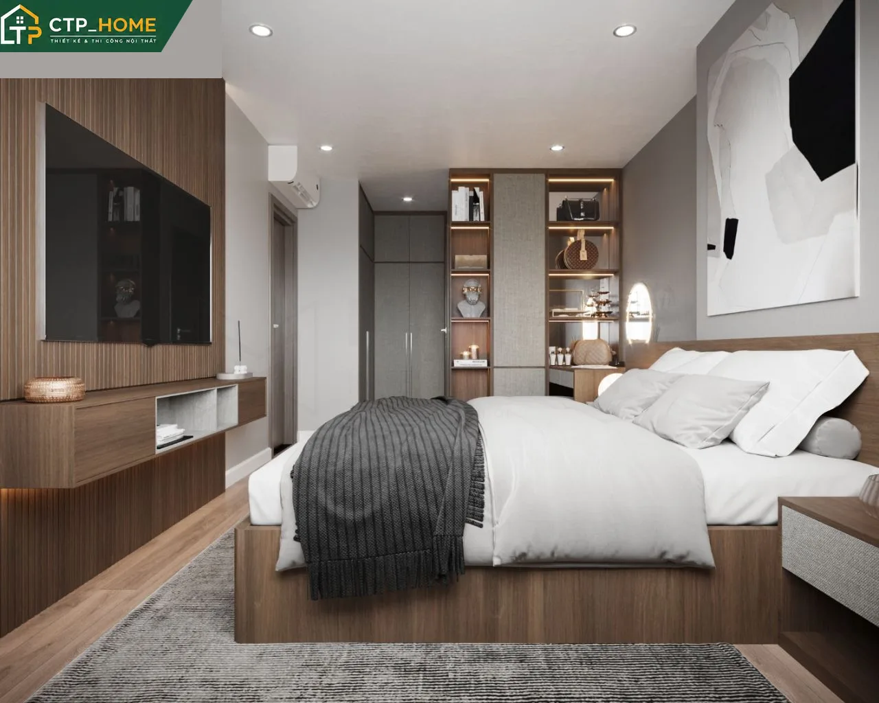 Thiết kế nội thất phòng ngủ chính chung cư Emerald Bình Dương 75m2 với giường gỗ óc chó và tủ âm tường