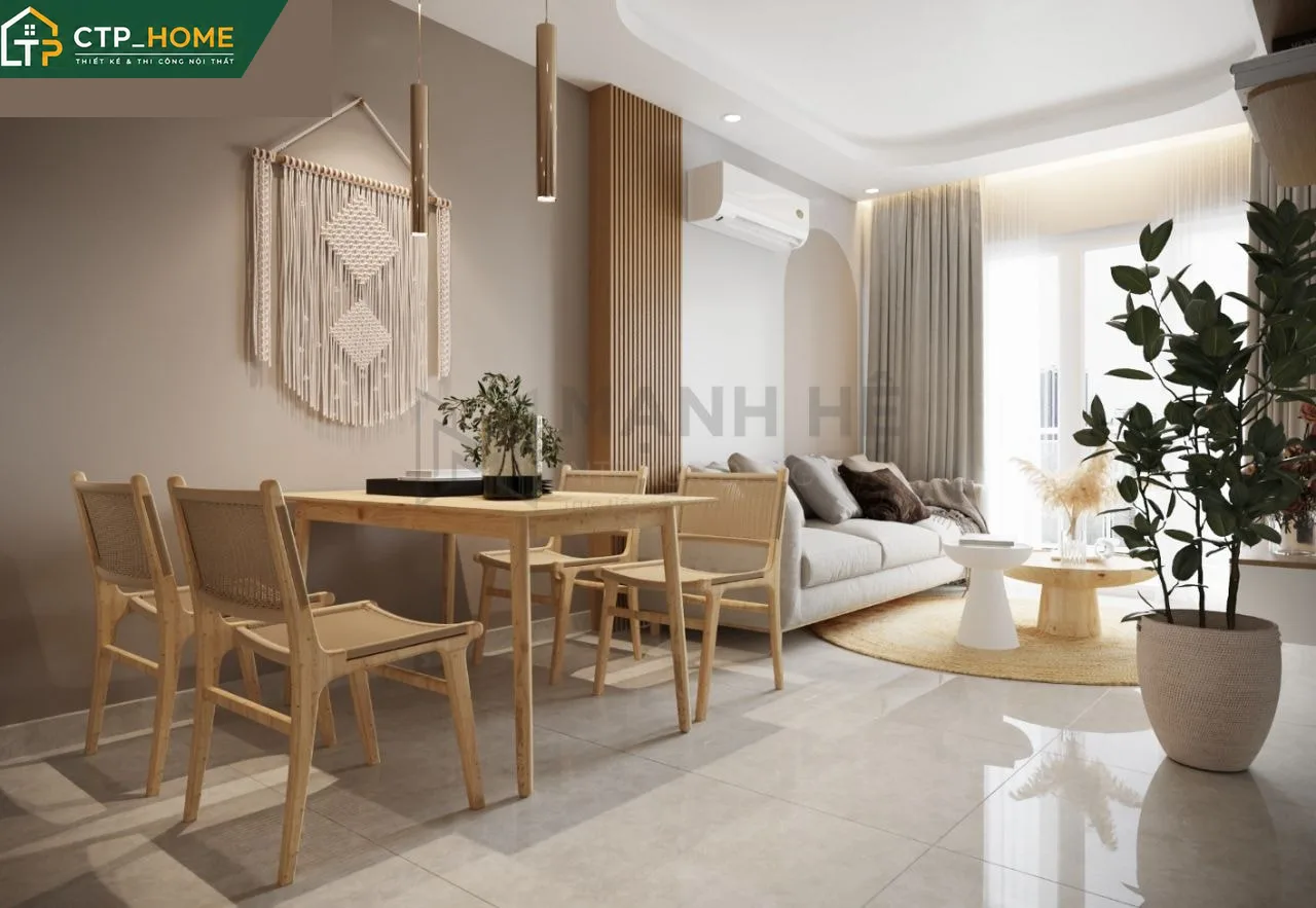 Bếp chung cư Emerald Bình Dương 54m2 với tủ bếp gỗ veneer óc chó, mặt đá nhân tạo và đảo bếp tiện lợi
