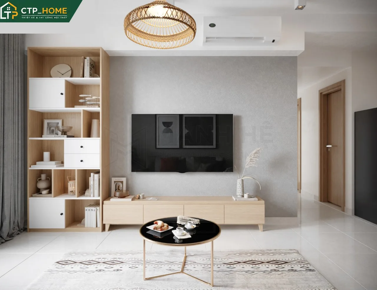 Thiết kế nội thất phòng khách chung cư Emerald Celadon 75m2 với sofa góc gỗ sồi và kệ tivi tối giản