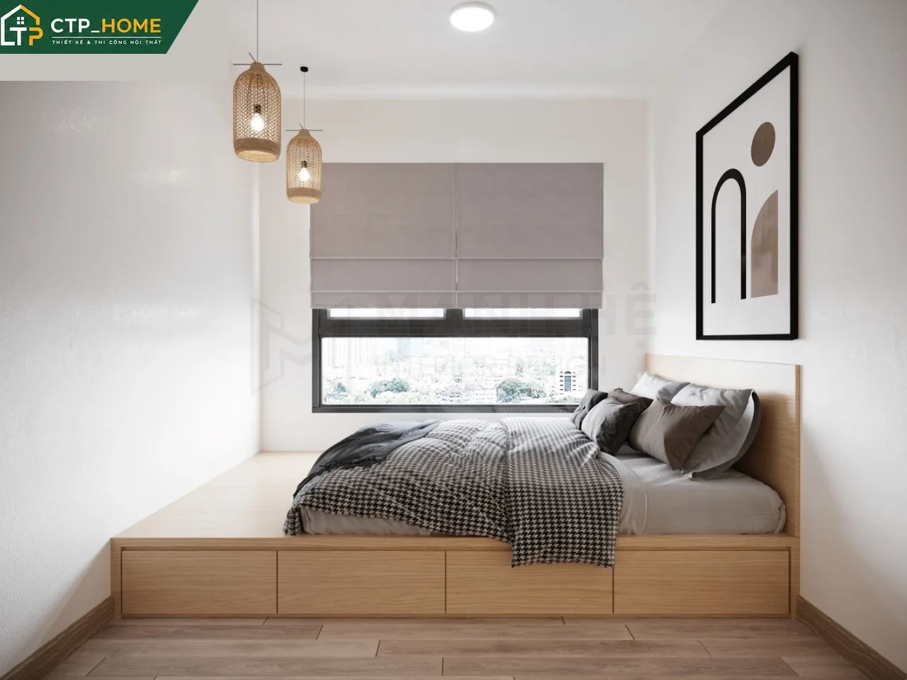Thiết kế nội thất phòng ngủ chính chung cư Emerald Celadon 75m2 với giường gỗ óc chó và hệ tủ đầu giường tích hợp đèn đọc sách