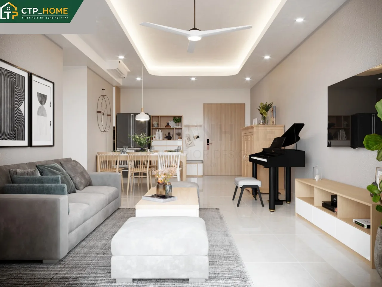 Thiết kế nội thất phòng khách chung cư Emerald Celadon 117m2 – sofa góc da cao cấp, kệ tivi gỗ sồi tự nhiên, ánh sáng gián tiếp ấm áp