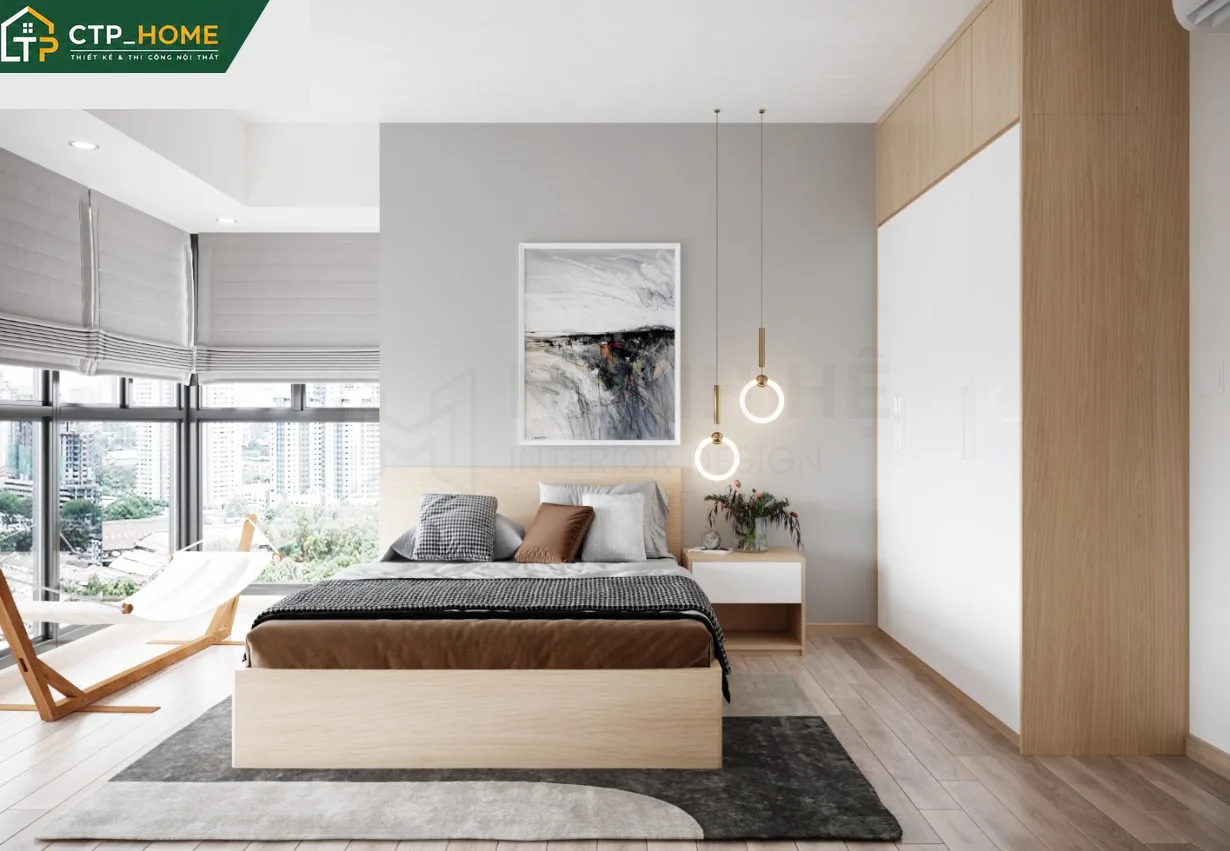 Thiết kế nội thất phòng ngủ master chung cư Emerald Celadon – giường gỗ sồi nguyên khối, đầu giường bọc da mềm, tủ quần áo cánh lùa âm tường