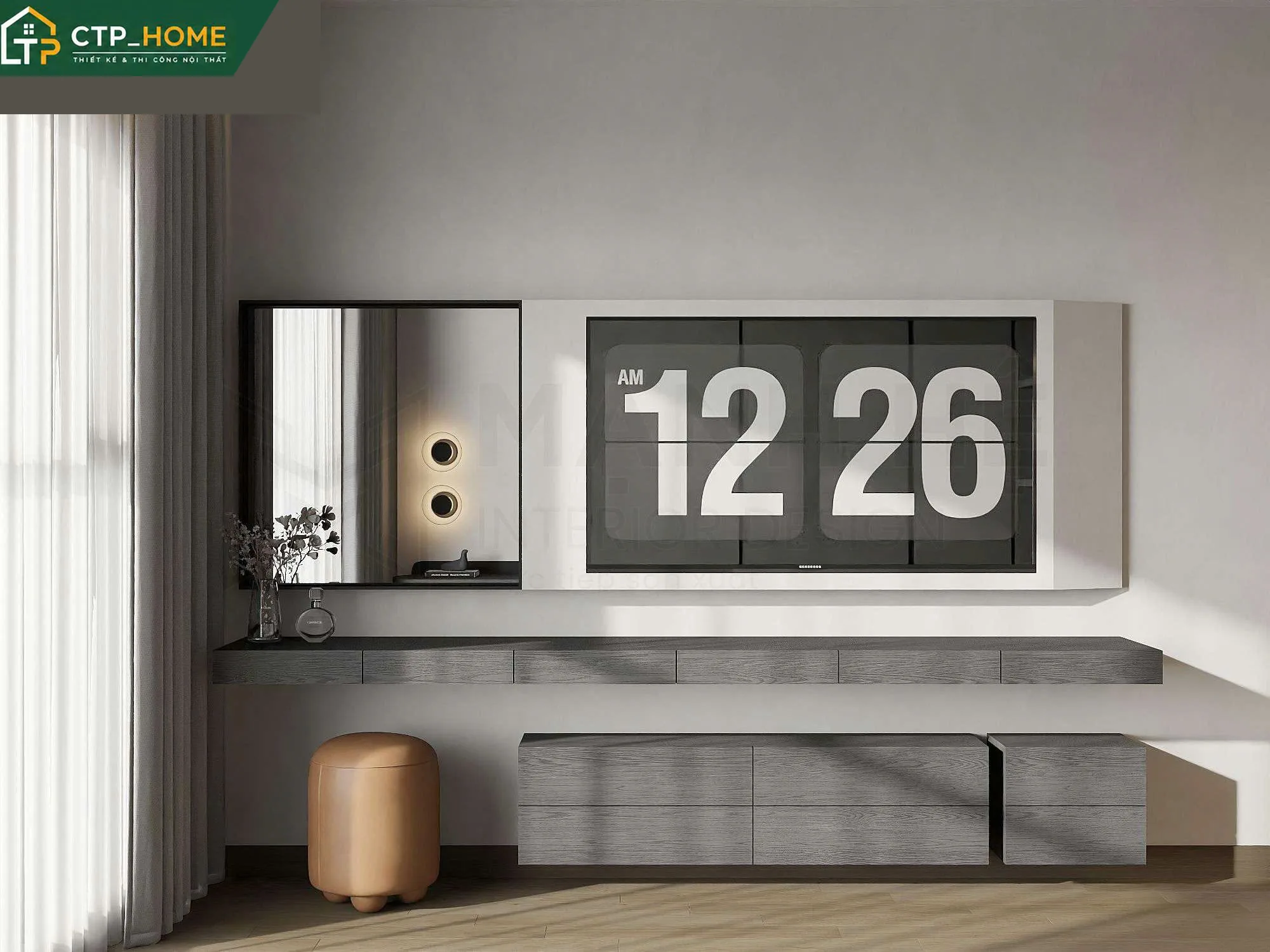 Thiết kế nội thất chung cư Feliz En Vista 98m2 – phòng khách hiện đại với tone xám – be chủ đạo