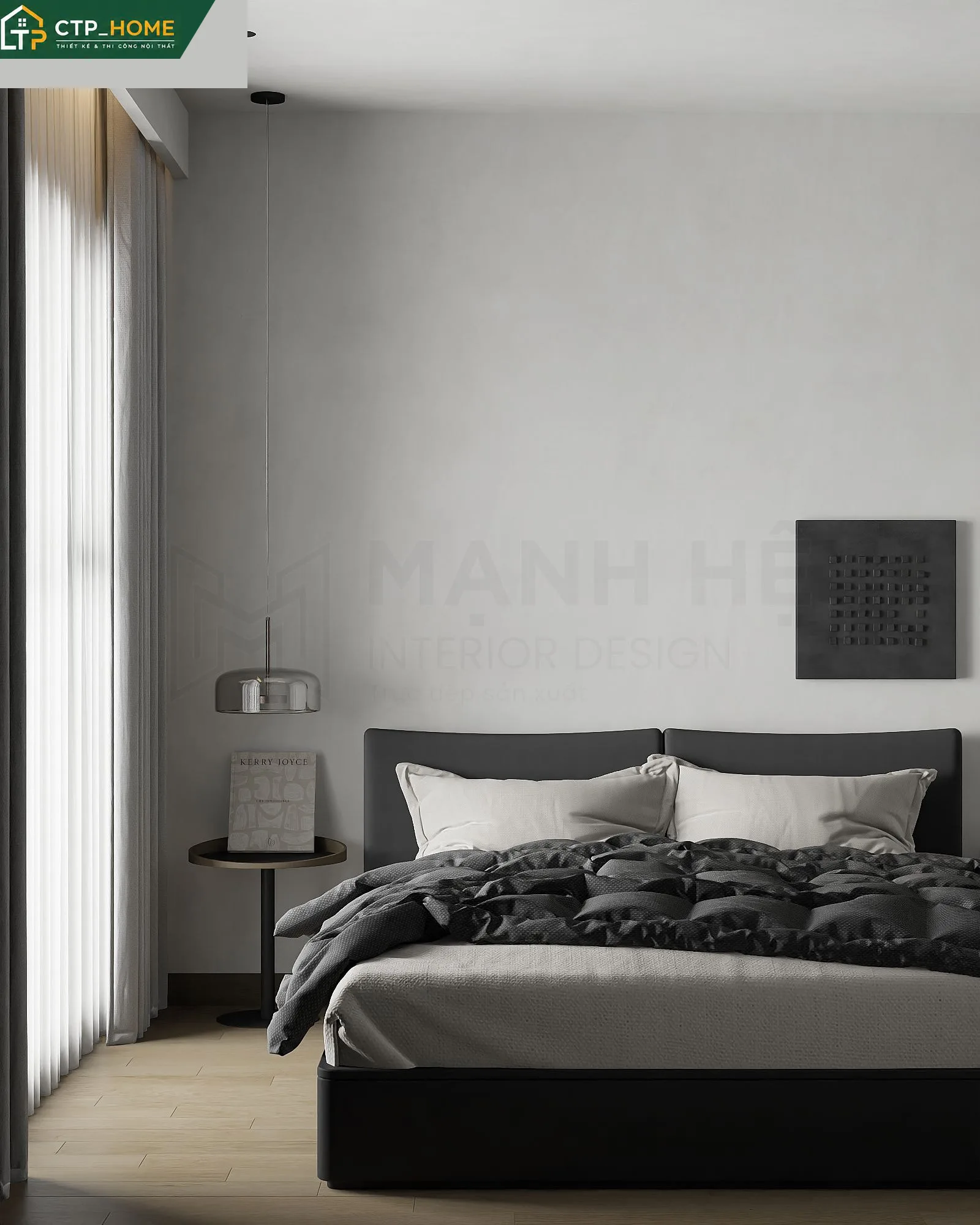 Thiết kế nội thất chung cư Feliz En Vista 98m2 – phòng ngủ chính sang trọng với hệ tủ âm tường và giường gỗ tự nhiên