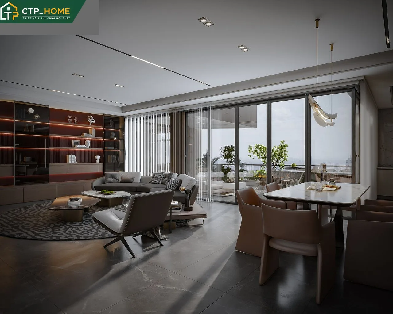 Thiết kế nội thất phòng khách chung cư Golden River 135m2 với sofa da cao cấp và kệ tivi gỗ óc chó tự nhiên