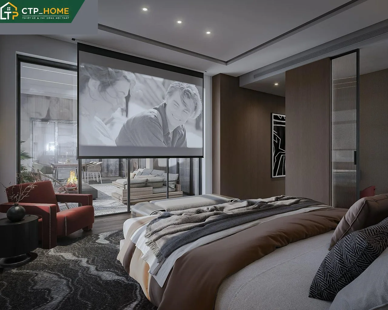 Thiết kế nội thất phòng ngủ master chung cư Golden River 135m2 với giường gỗ óc chó và hệ tủ âm tường hiện đại