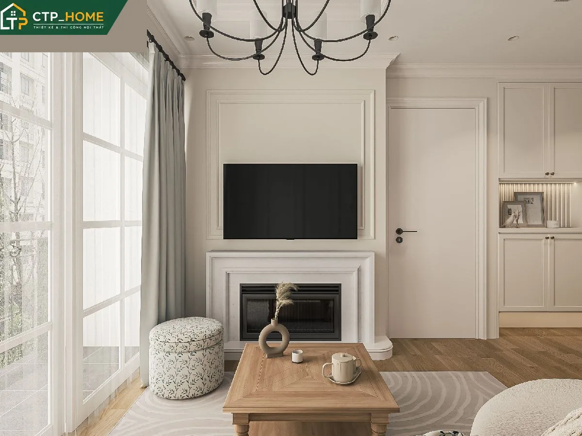 Phòng khách thiết kế nội thất chung cư Lumiere Boulevard 73m2 2PN với tone xám – be chủ đạo và hệ tủ âm tường tối giản