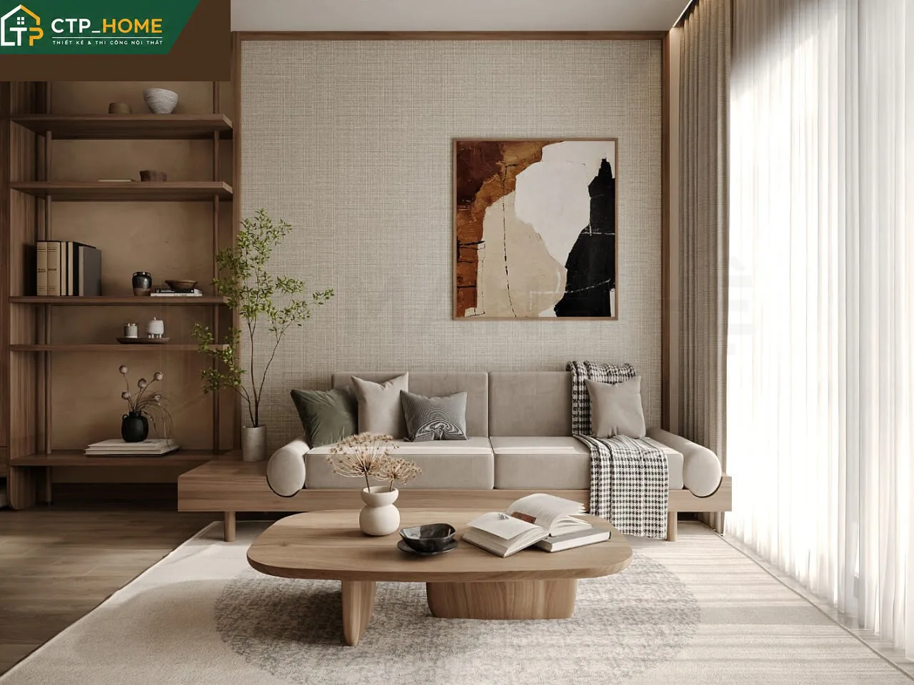 Thiết kế nội thất phòng khách chung cư Lumiere Boulevard Type 1 hiện đại với sofa góc da cao cấp và kệ tivi gỗ óc chó