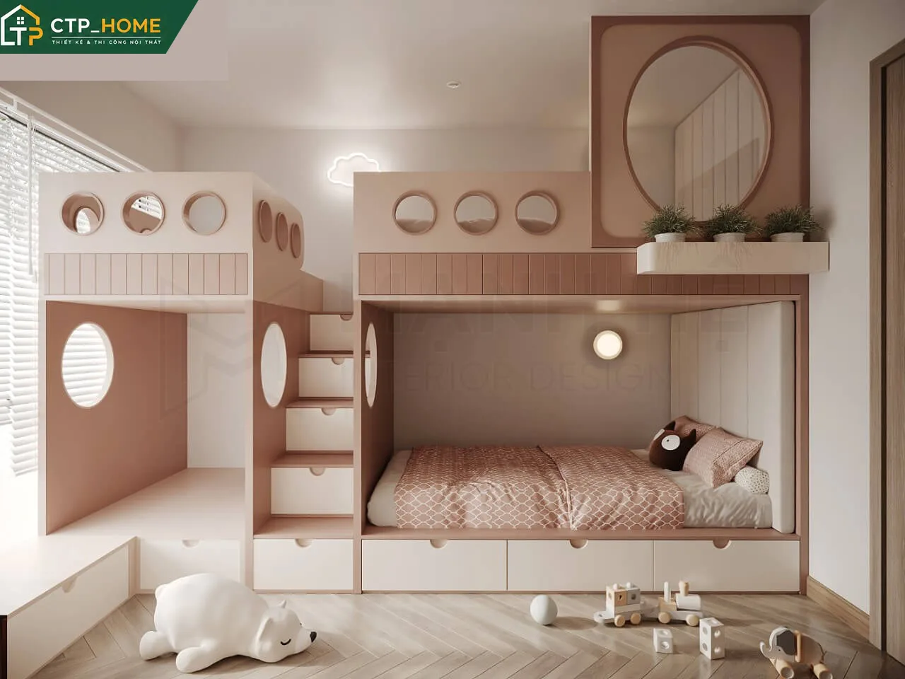 Thiết kế nội thất phòng ngủ chính chung cư Lumiere Boulevard Type 1 với giường gỗ óc chó và hệ tủ âm tường liền mạch