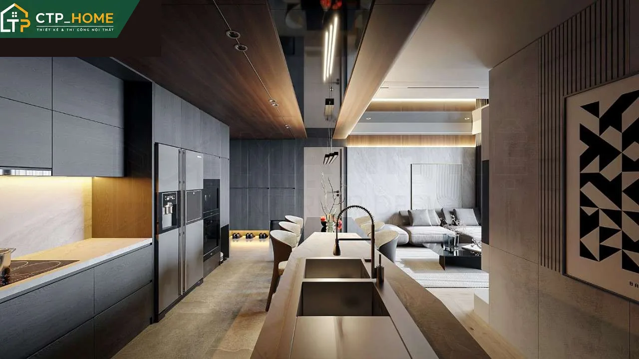 Bố trí nội thất phòng bếp và bàn ăn chung cư Lumiere Boulevard 98m2 do CTP_HOME thực hiện
