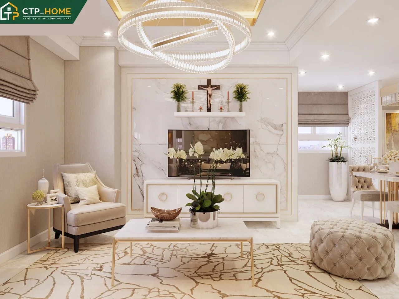Thiết kế nội thất phòng khách chung cư Melody Vũng Tàu 83m2 với tone xám – be sang trọng