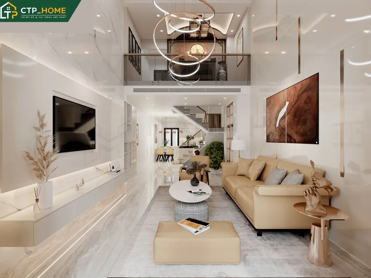 Phòng khách nhà phố Phú Nhuận hiện đại với sofa góc da cao cấp và kệ tivi gỗ óc chó tự nhiên