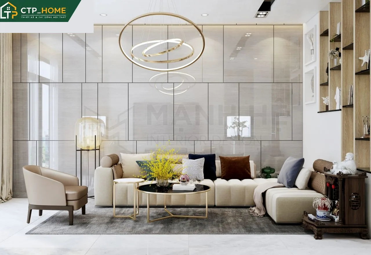 Phòng khách nhà phố hiện đại tại Thủ Đức với sofa góc da cao cấp và kệ tivi gỗ óc chó tự nhiên
