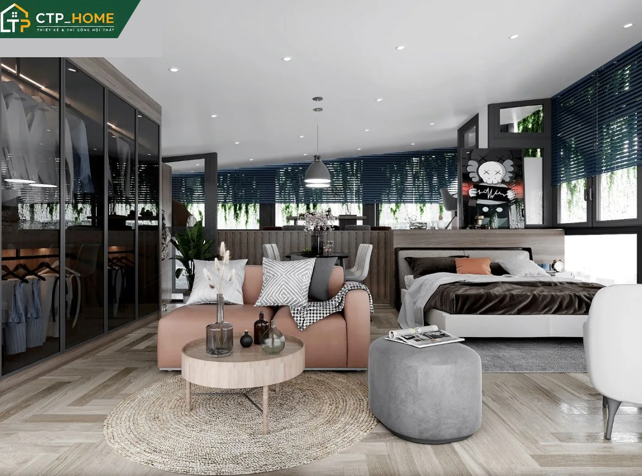 Tổng thể nội thất nhà phố 3 tầng sau hoàn thiện với gam màu trung tính và chất liệu gỗ tự nhiên