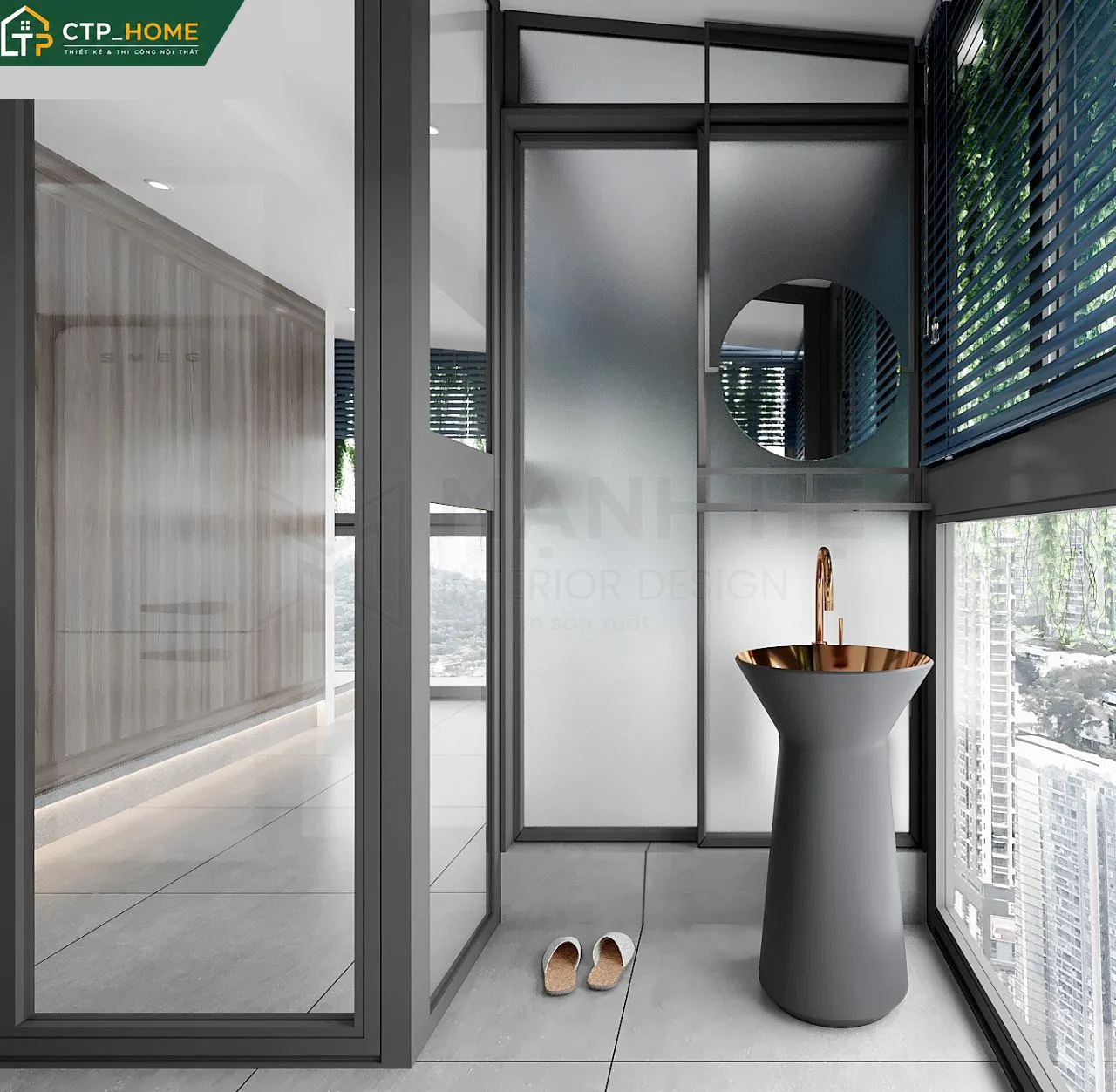 Bếp hiện đại nhà phố Quận 1 với tủ bếp chữ L, mặt đá nhân tạo và hệ thống hút mùi âm trần